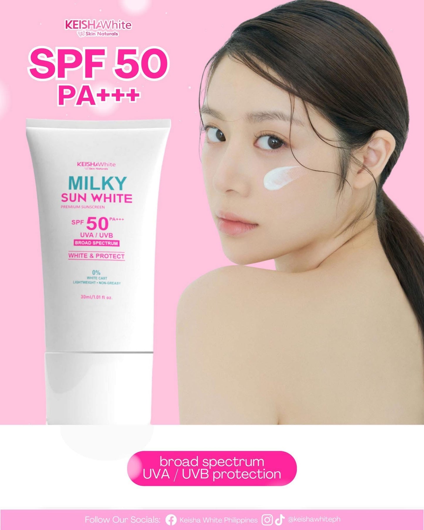 KEISHA White Skin Naturals Milky Sun White Premium Sunscreen SPF 50 PA+++ | Lightweight, Non-Greasy UVA/UVB Broad Spectrum – 30ml