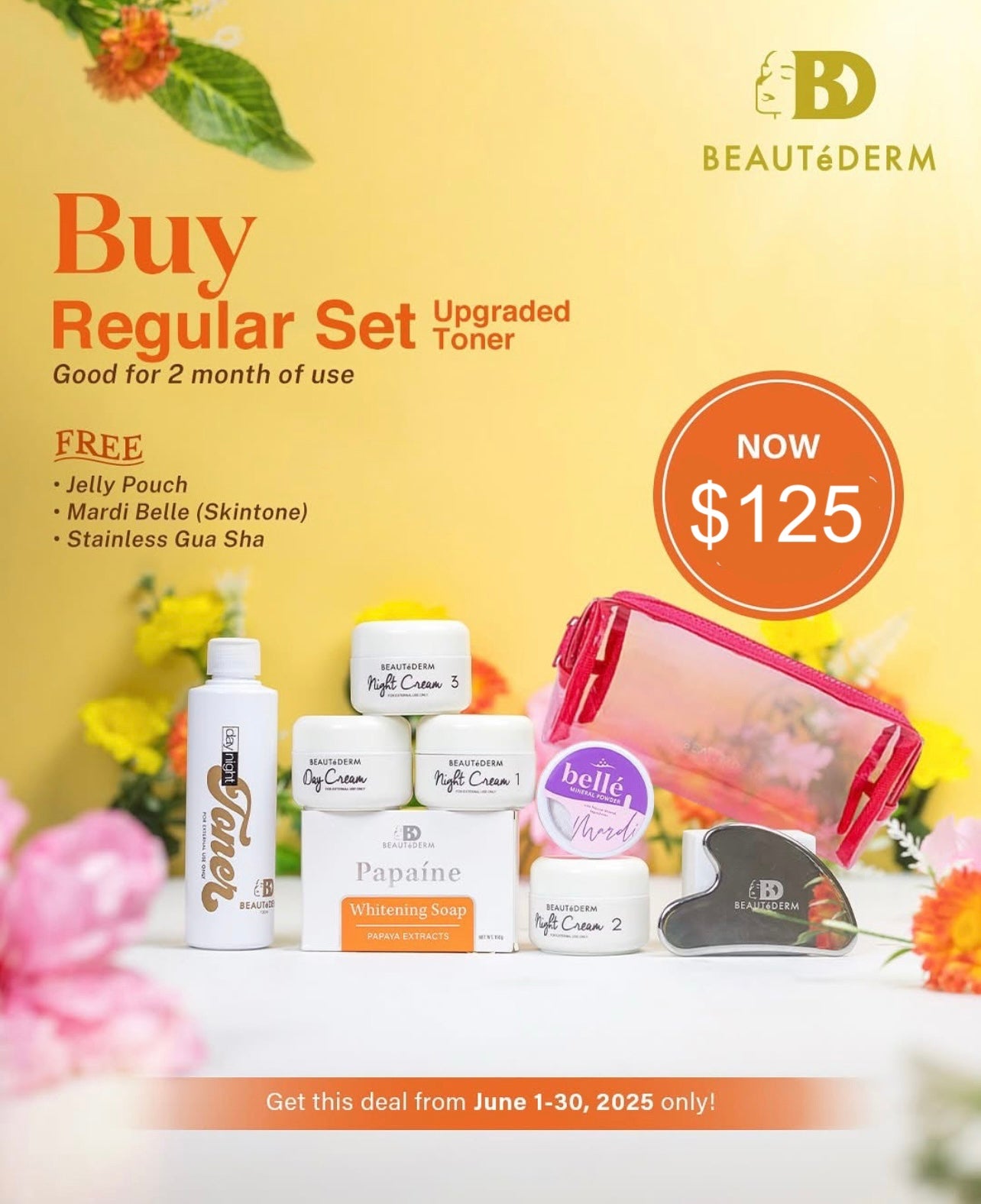 Regular Skincare SET with Upgraded Toner* with FREE Pouch, Mardi Belle (Skintone) and Stainless Gua Sha