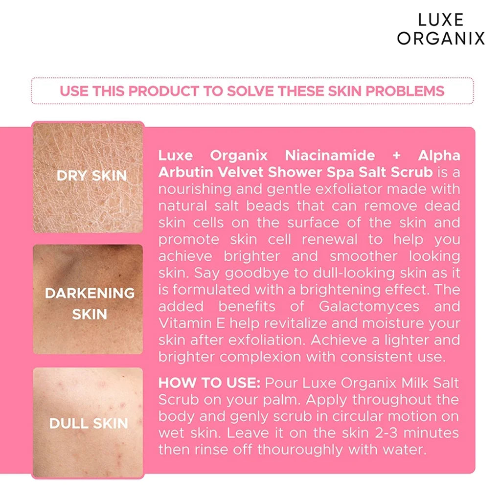 LUXE ORGANIX Niacinamide + Alpha Arbutin Velvet Salt Scrub Double Brightening 300gms ( Pink Pouch)