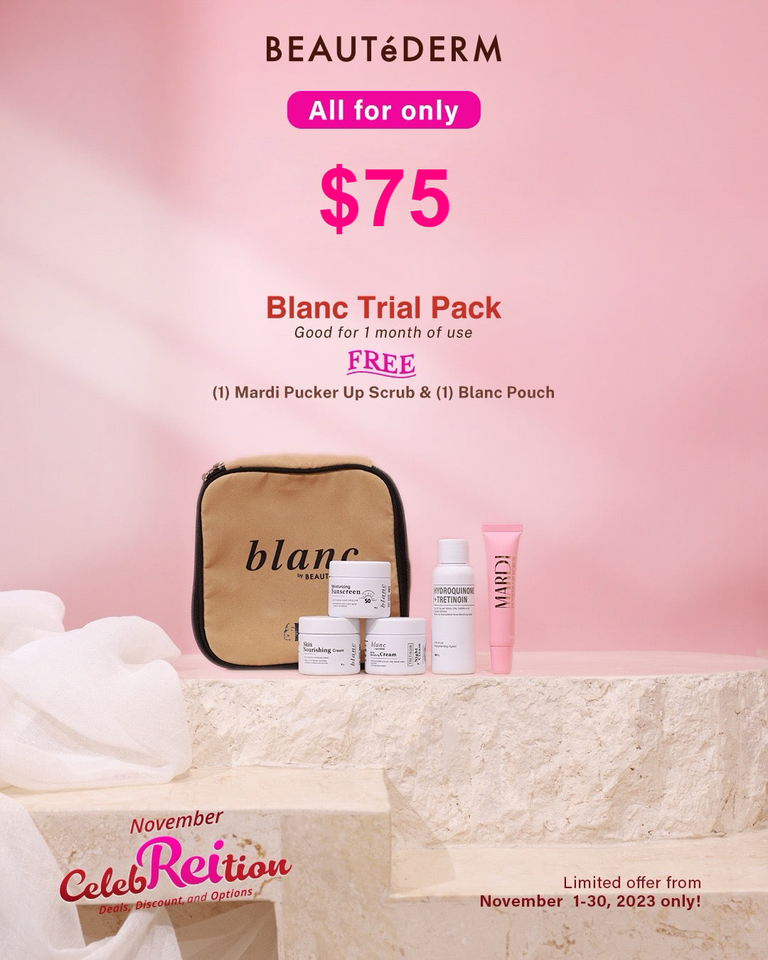Blanc Trial Set (60ml toner and 10gram creams, 1 month use) with FREE Mardi Pucker Up Scrub and Blanc Pouch
