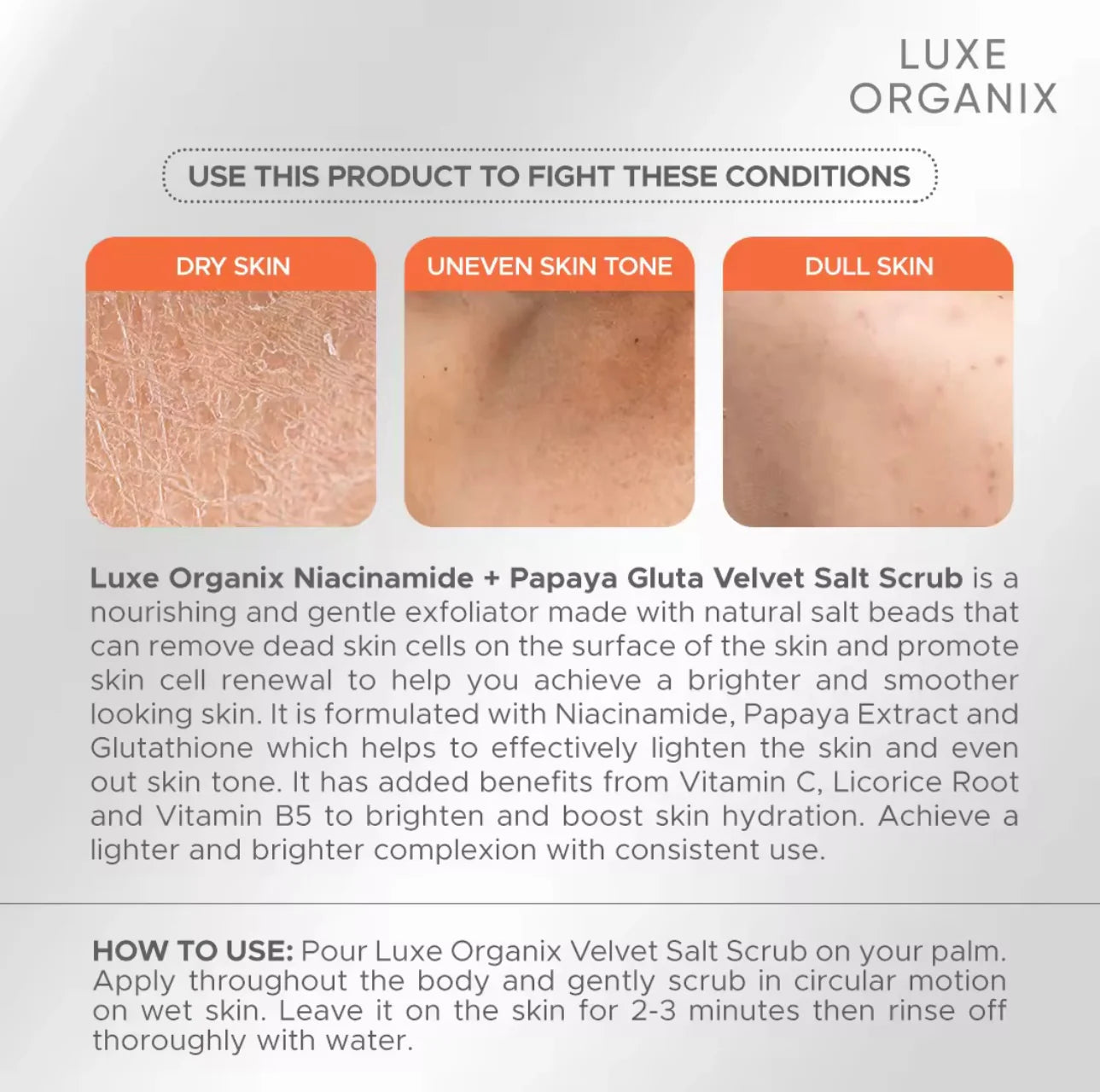 LUXE ORGANIX - Niacinamide + Papaya Gluta Velvet Salt Scrub 300G ( Orange Pouch )