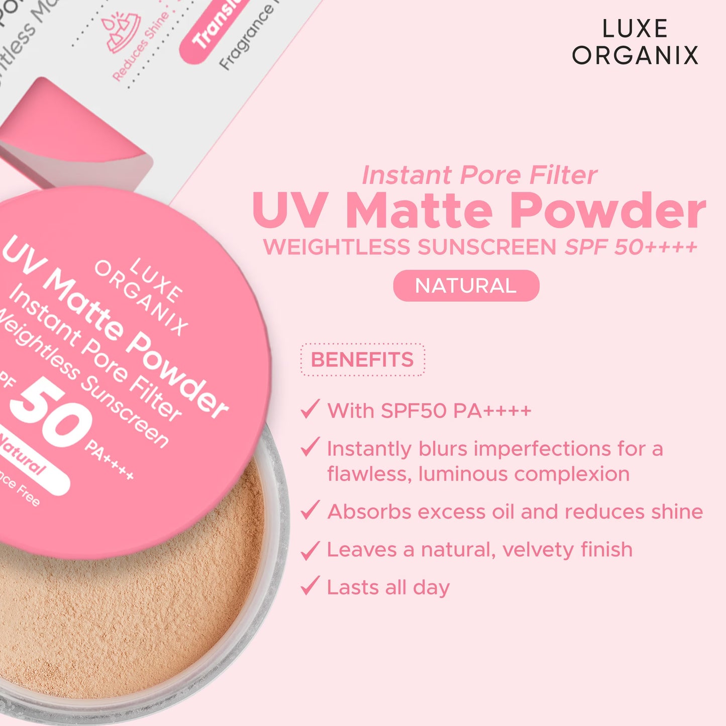 LUXE ORGANIX 24H Zero Sebum Instant Pore Blurring Weightless Matte Powder Spf 50 Pa++++ Natural 15G