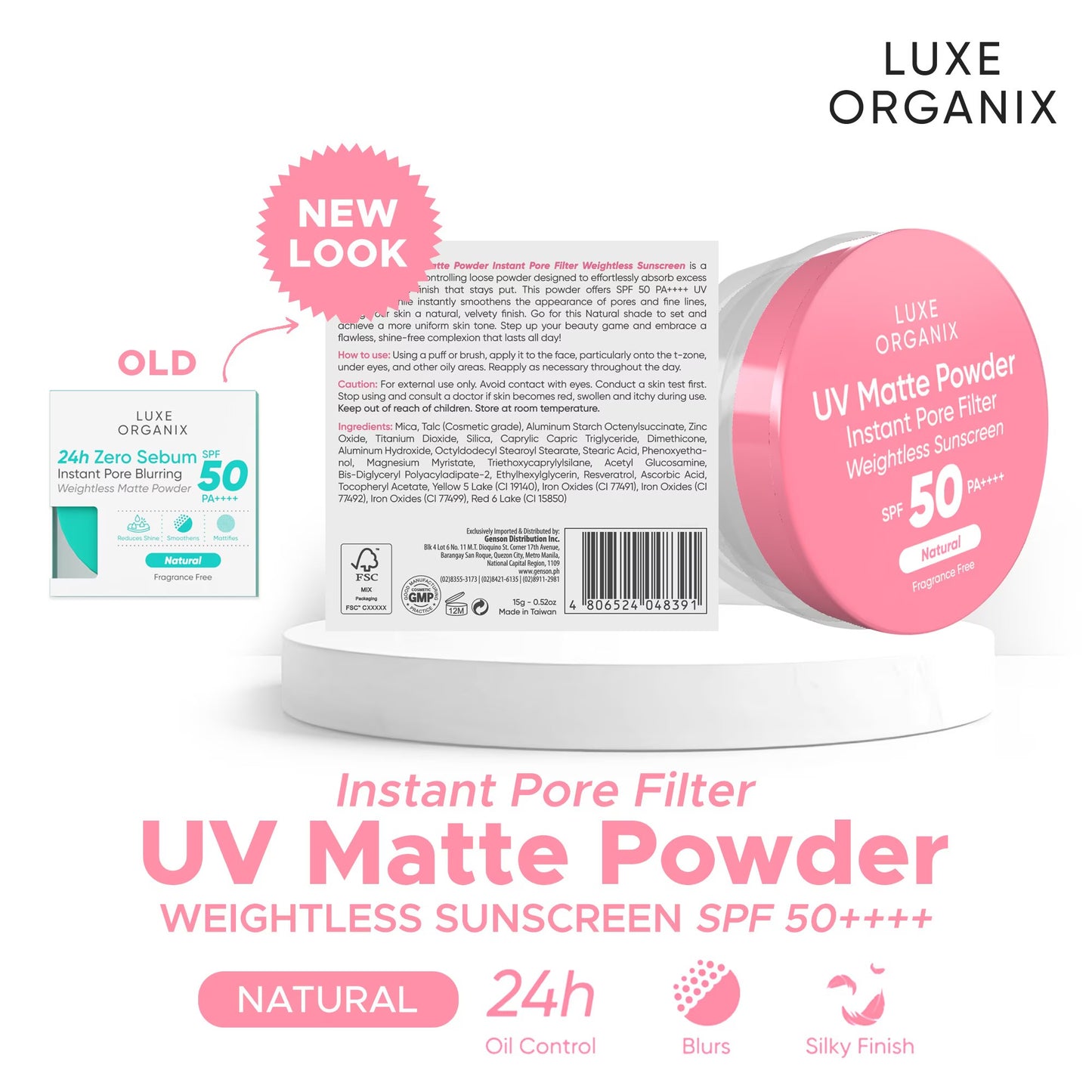 LUXE ORGANIX 24H Zero Sebum Instant Pore Blurring Weightless Matte Powder Spf 50 Pa++++ Natural 15G