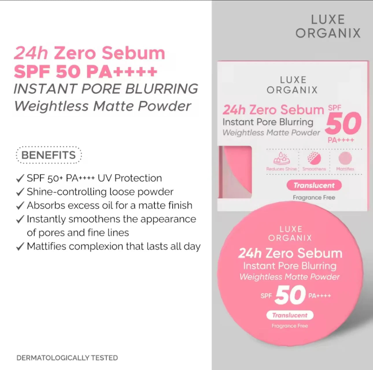 LUXE ORGANIX 24H Zero Sebum Instant Pore Blurring Weightless Matte Powder Spf 50 Pa++++ Natural 15G