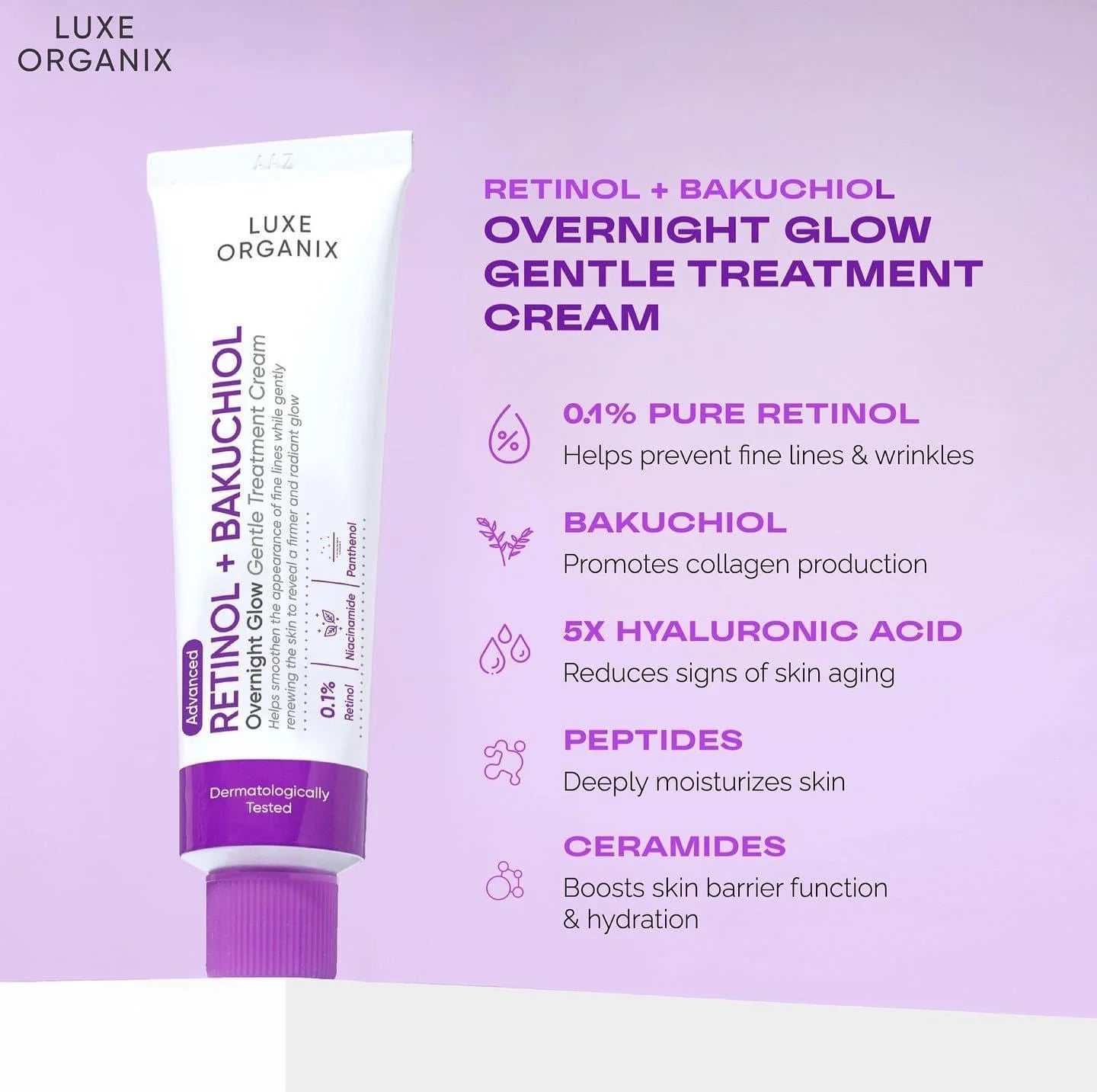 LUXE ORGANIX Retinol + Bakuchiol Overnight Glow Gentle Cream 30g