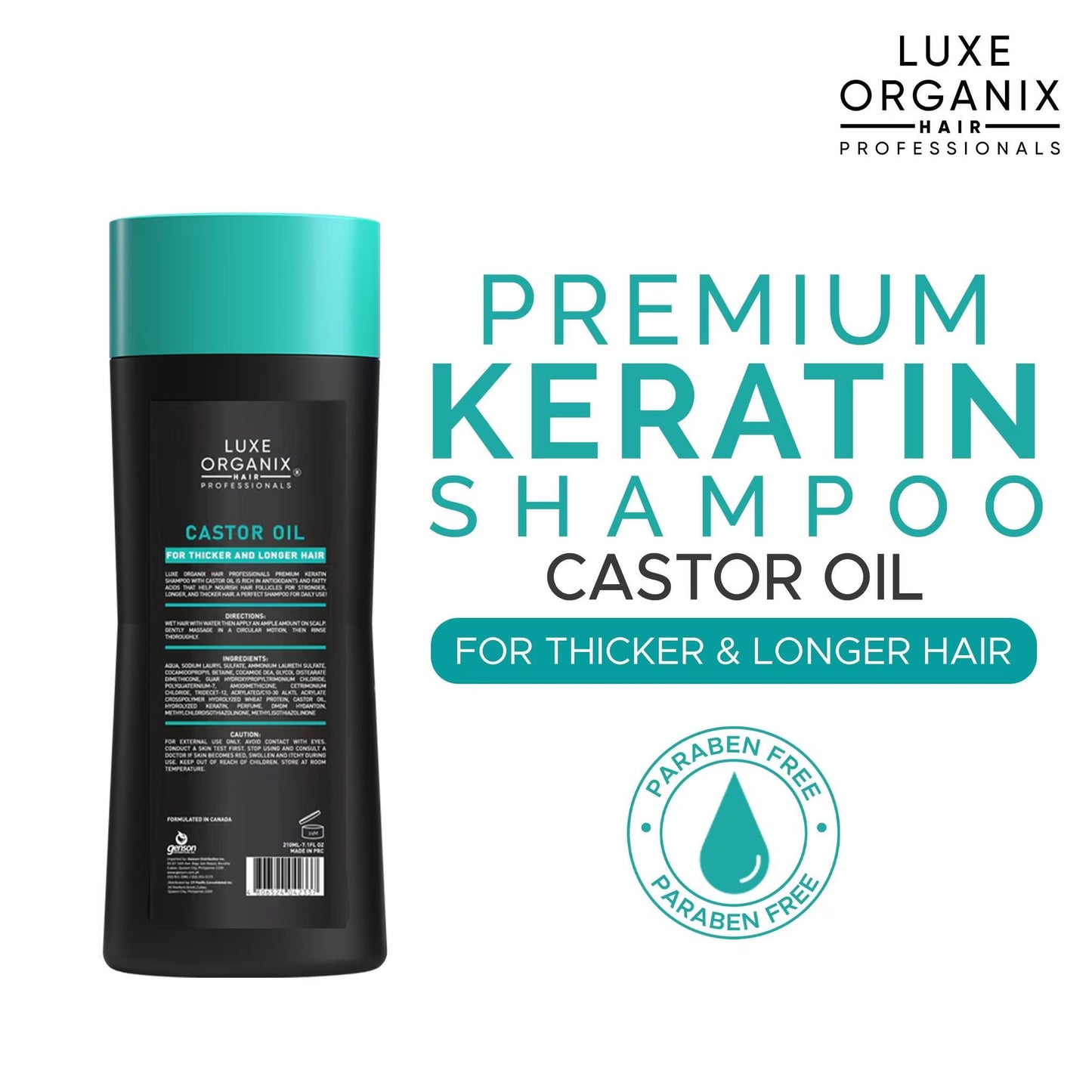 LUXE ORGANIX Premium Keratin Hair Conditioner Castor Oil Treatment 250ml with Luxe Organix Premium Keratin Castor Oil Shampoo 210ml
