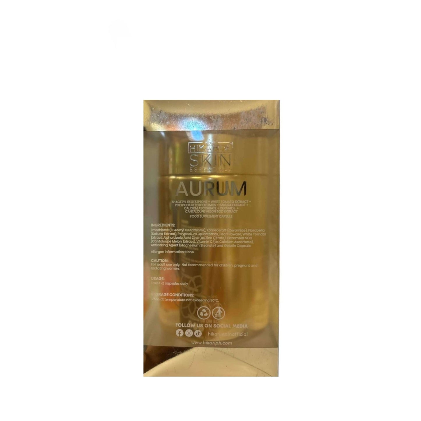 Hikari Skin Essentials AURUM S-Acetyl Gluta Antioxidant Complex with Sakura, White Tomato & Ceramide - Skin Support Supplement - 30 capsules