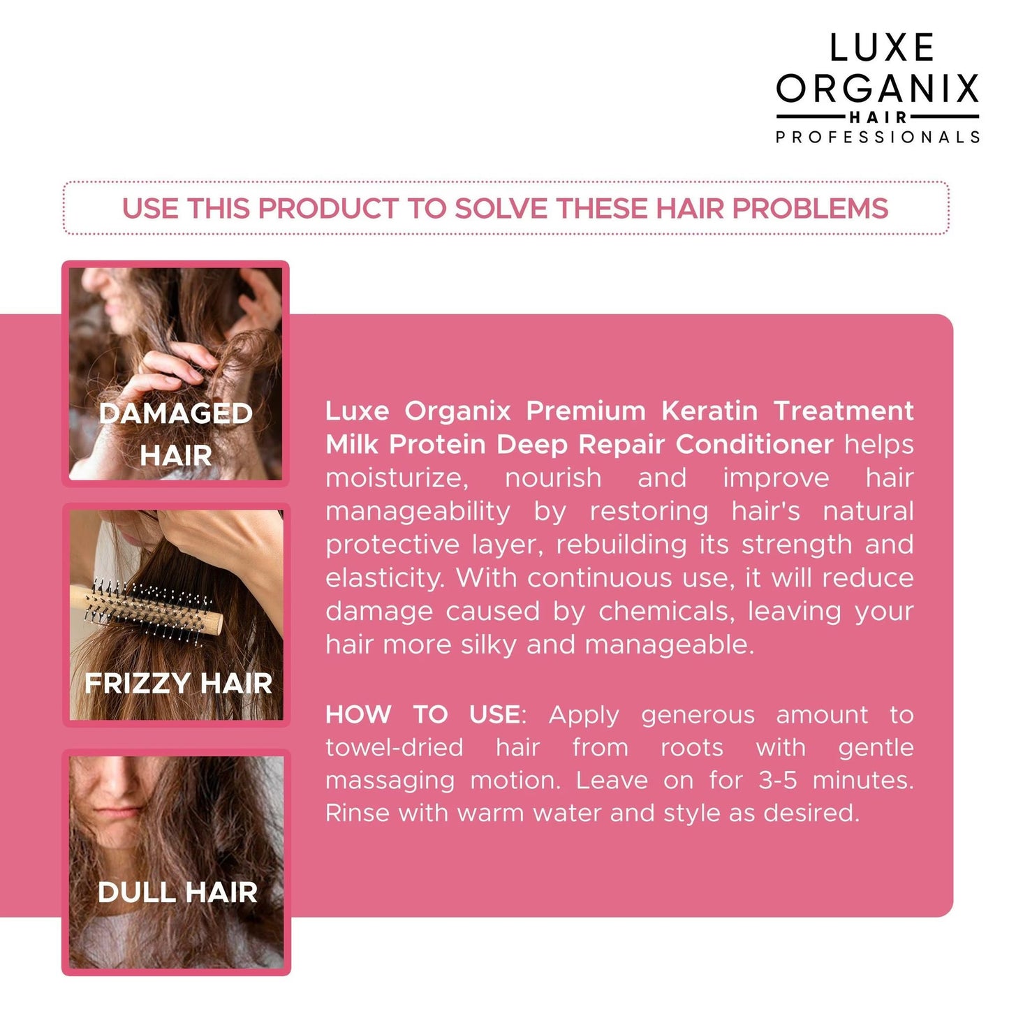 LUXE ORGANIX Premium Keratin Treatment Milk Protein Deep Repair Conditioner 250ml with Luxe Organix Premium Keratin Shampoo 210ml
