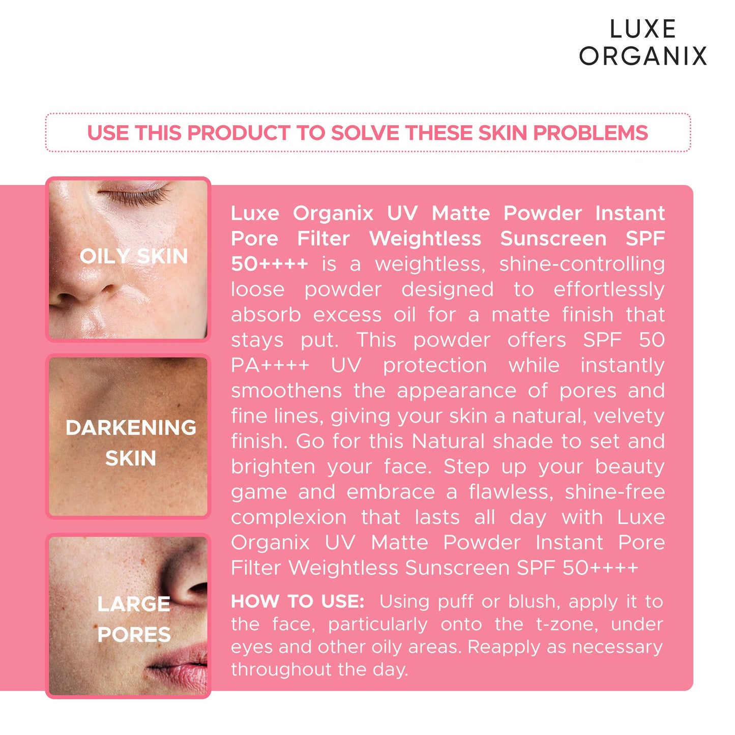 LUXE ORGANIX 24H Zero Sebum Instant Pore Blurring Weightless Matte Powder Spf 50 Pa++++ Natural 15G