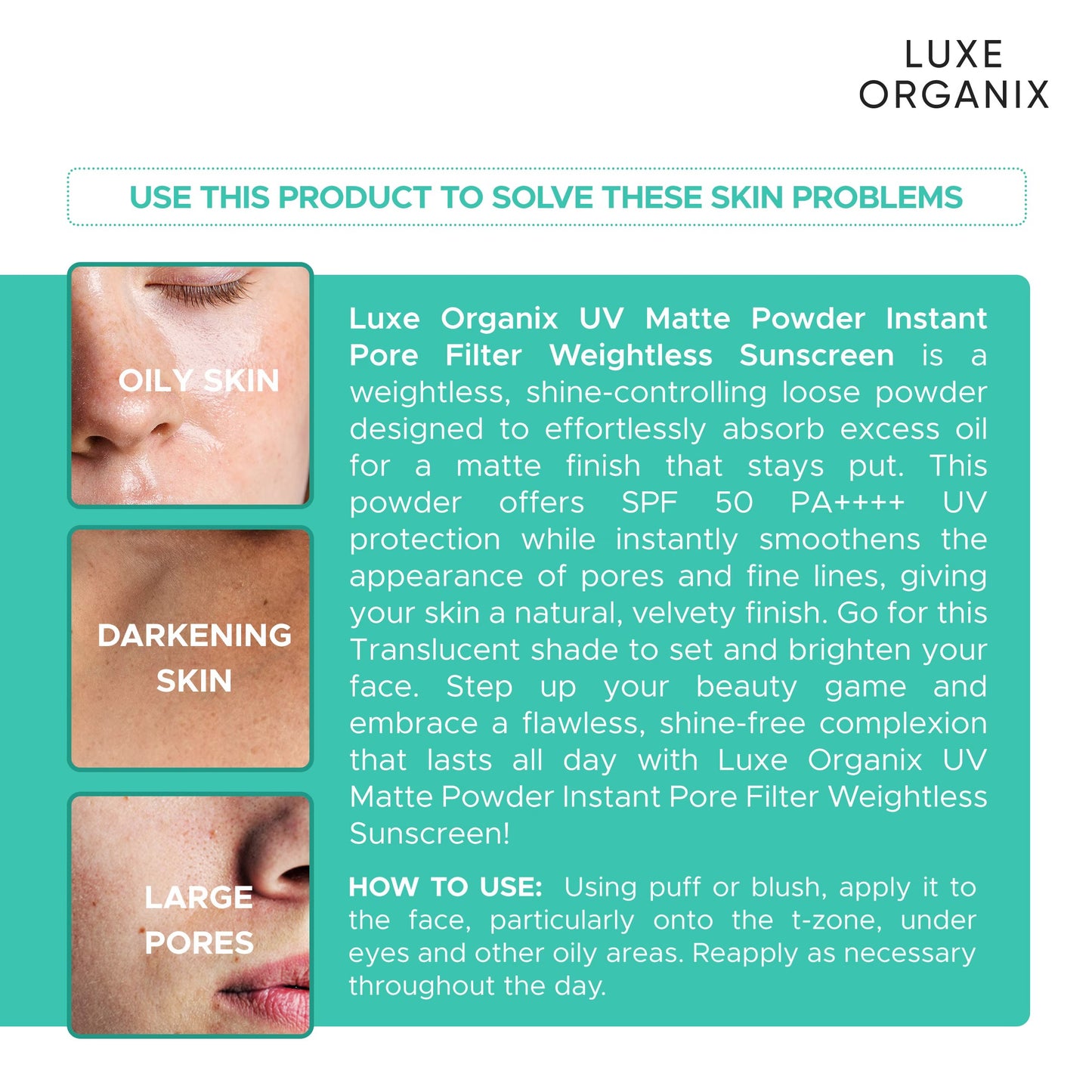 LUXE ORGANIX 24H Zero Sebum Instant Pore Blurring Weightless Matte Powder Spf 50 Pa++++ Translucent 15G