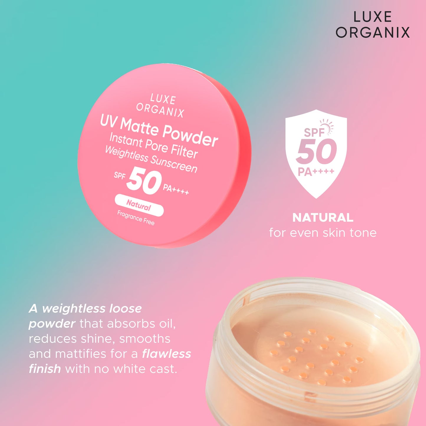 LUXE ORGANIX 24H Zero Sebum Instant Pore Blurring Weightless Matte Powder Spf 50 Pa++++ Natural 15G