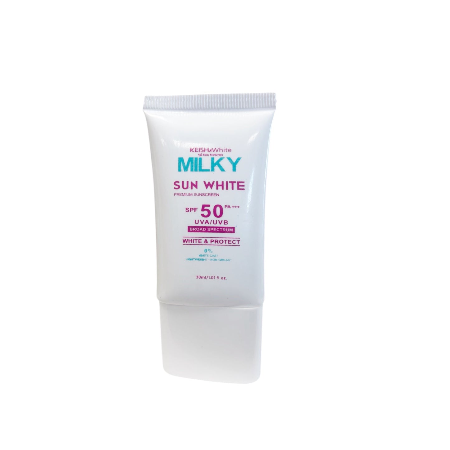 KEISHA White Skin Naturals Milky Sun White Premium Sunscreen SPF 50 PA+++ | Lightweight, Non-Greasy UVA/UVB Broad Spectrum – 30ml