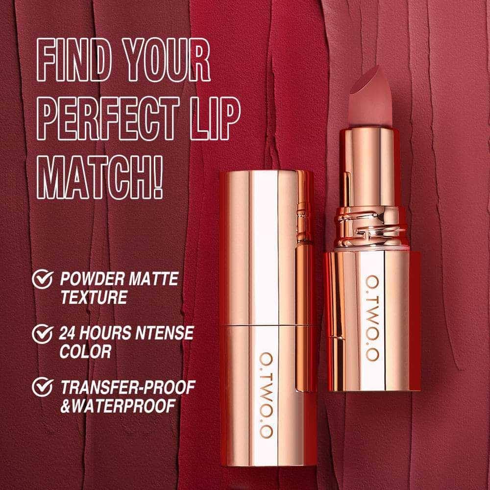 O.TWO.O Powder Matte, Transfer-Proof, Waterproof, 24-hour Intense Color Lipstick