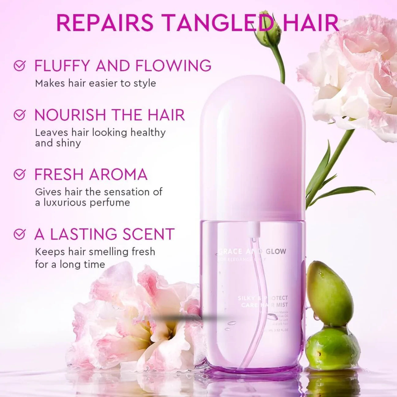 GRACE AND GLOW Silky & Protect Care Hair Mist 100ml – Luxurious Silky Hair Mist with Golden Marula & Olive Oil for Soft, Smooth, Nourished Hair + Long‑Lasting Fragrance Spray