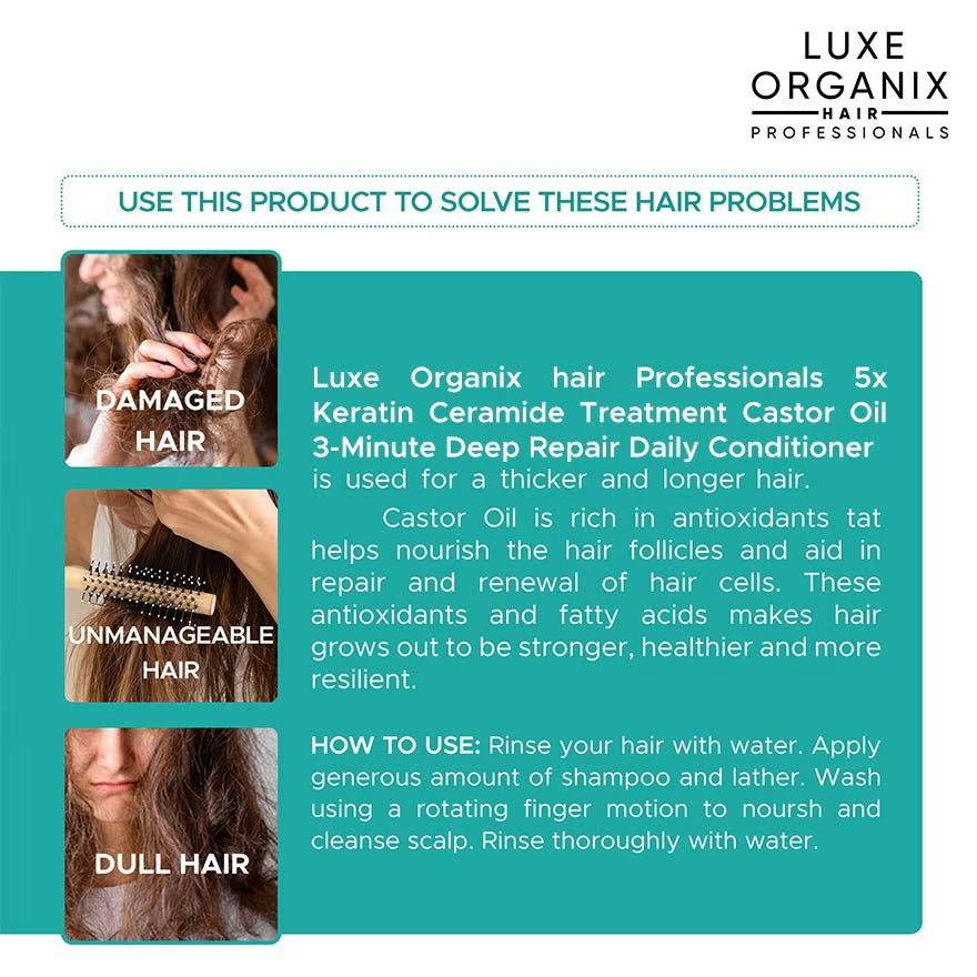 LUXE ORGANIX Premium Keratin Hair Conditioner Castor Oil Treatment 250ml with Luxe Organix Premium Keratin Castor Oil Shampoo 210ml