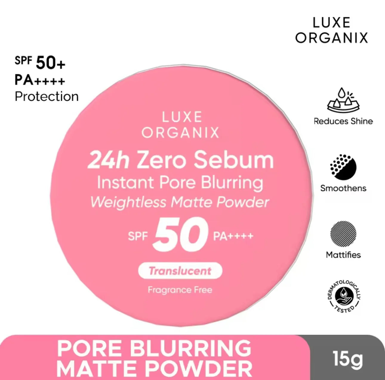LUXE ORGANIX 24H Zero Sebum Instant Pore Blurring Weightless Matte Powder Spf 50 Pa++++ Natural 15G
