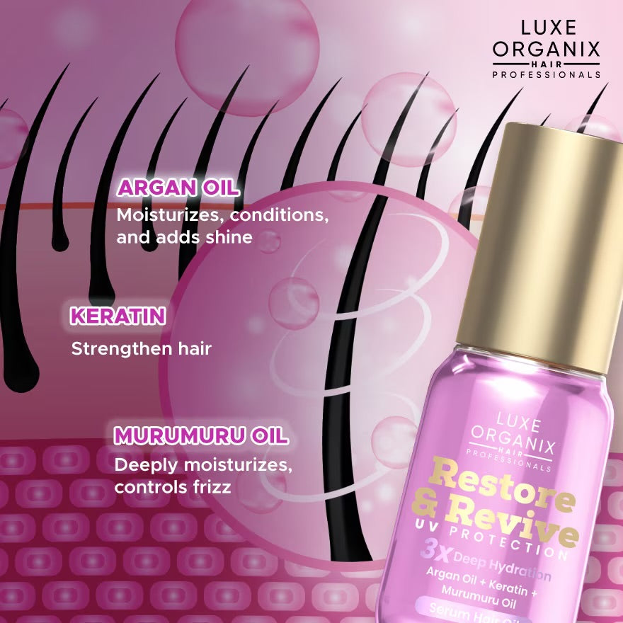 LUXE ORGANIX Restore & Revive Serum Hair Oil Argan Oil + Keratin + Murumuru Oil 60ml