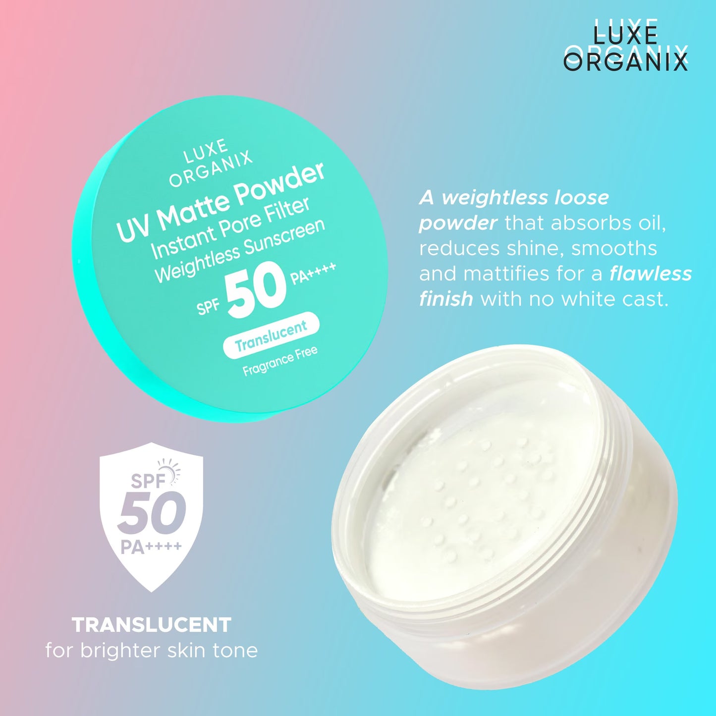 LUXE ORGANIX 24H Zero Sebum Instant Pore Blurring Weightless Matte Powder Spf 50 Pa++++ Translucent 15G
