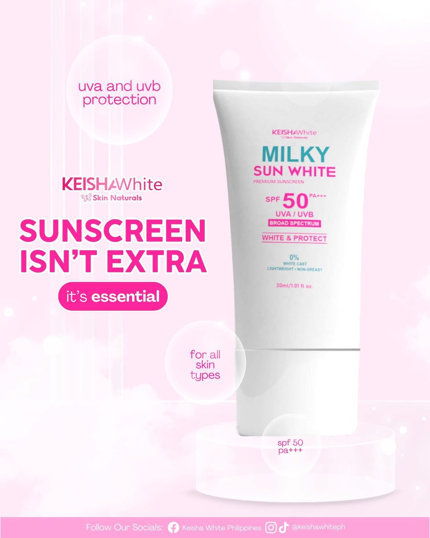 KEISHA White Skin Naturals Milky Sun White Premium Sunscreen SPF 50 PA+++ | Lightweight, Non-Greasy UVA/UVB Broad Spectrum – 30ml