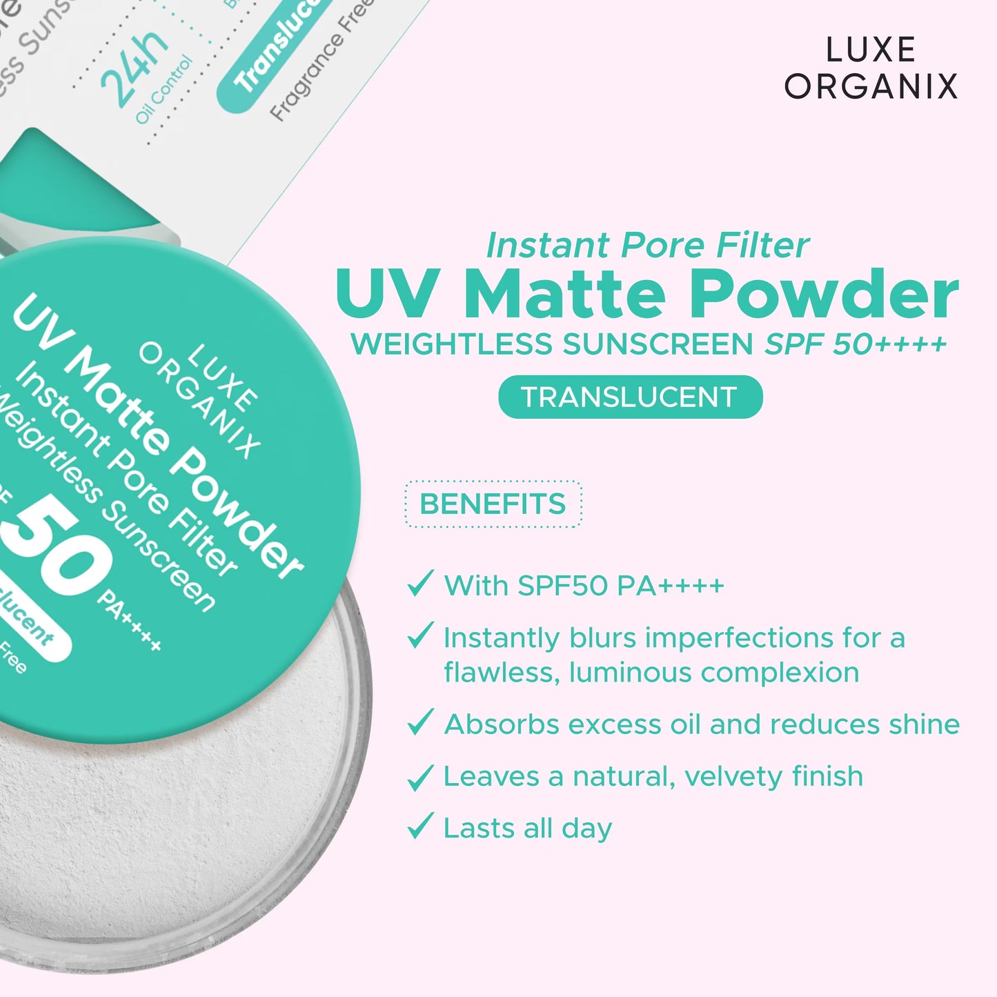LUXE ORGANIX 24H Zero Sebum Instant Pore Blurring Weightless Matte Powder Spf 50 Pa++++ Translucent 15G