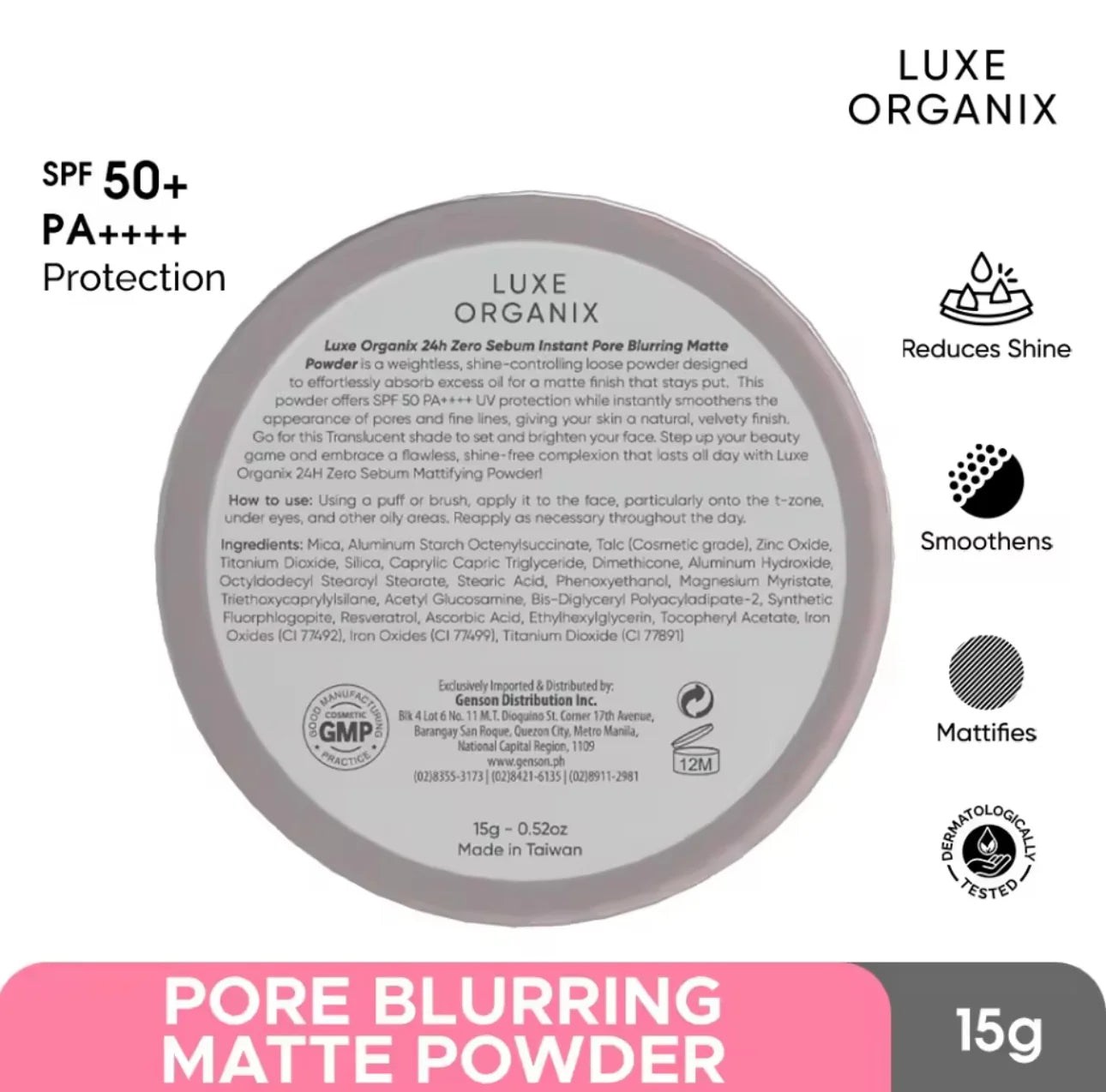 LUXE ORGANIX 24H Zero Sebum Instant Pore Blurring Weightless Matte Powder Spf 50 Pa++++ Natural 15G