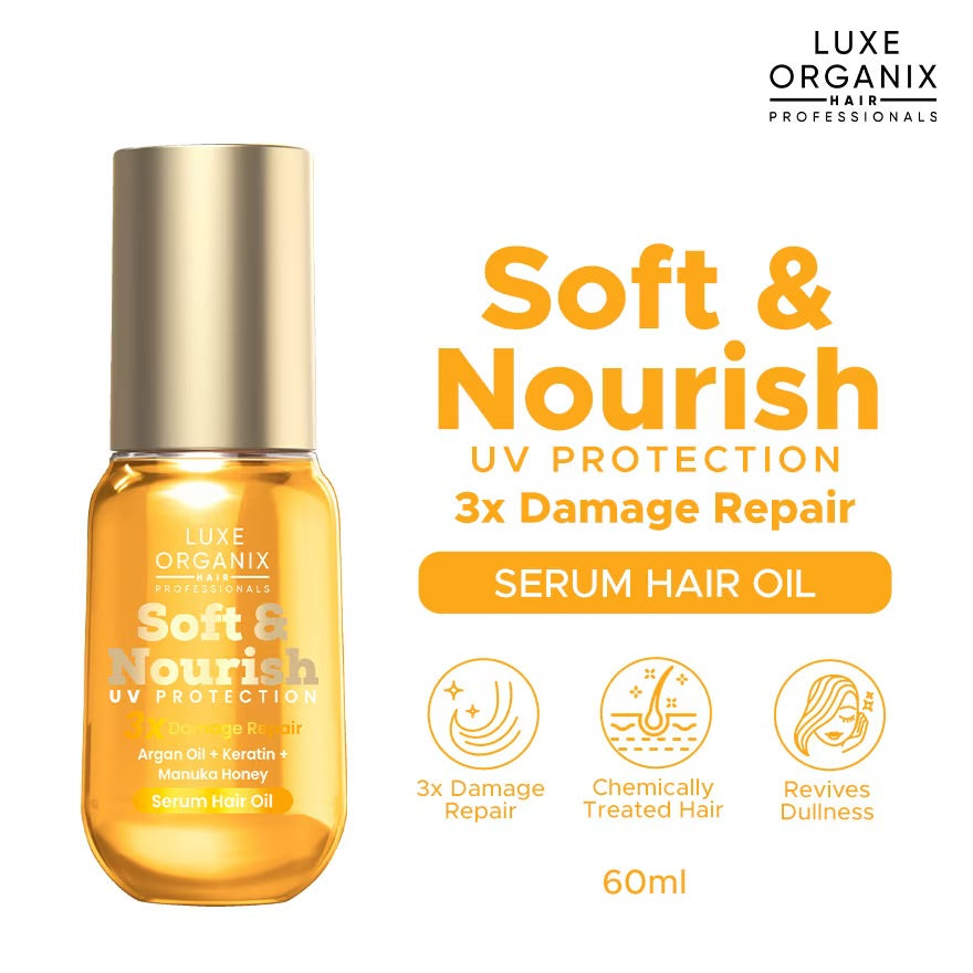 LUXE ORGANIX Soft & Nourish Serum Hair Oil Argan Oil + Keratin + Manuka Honey Damage Repair 60ml