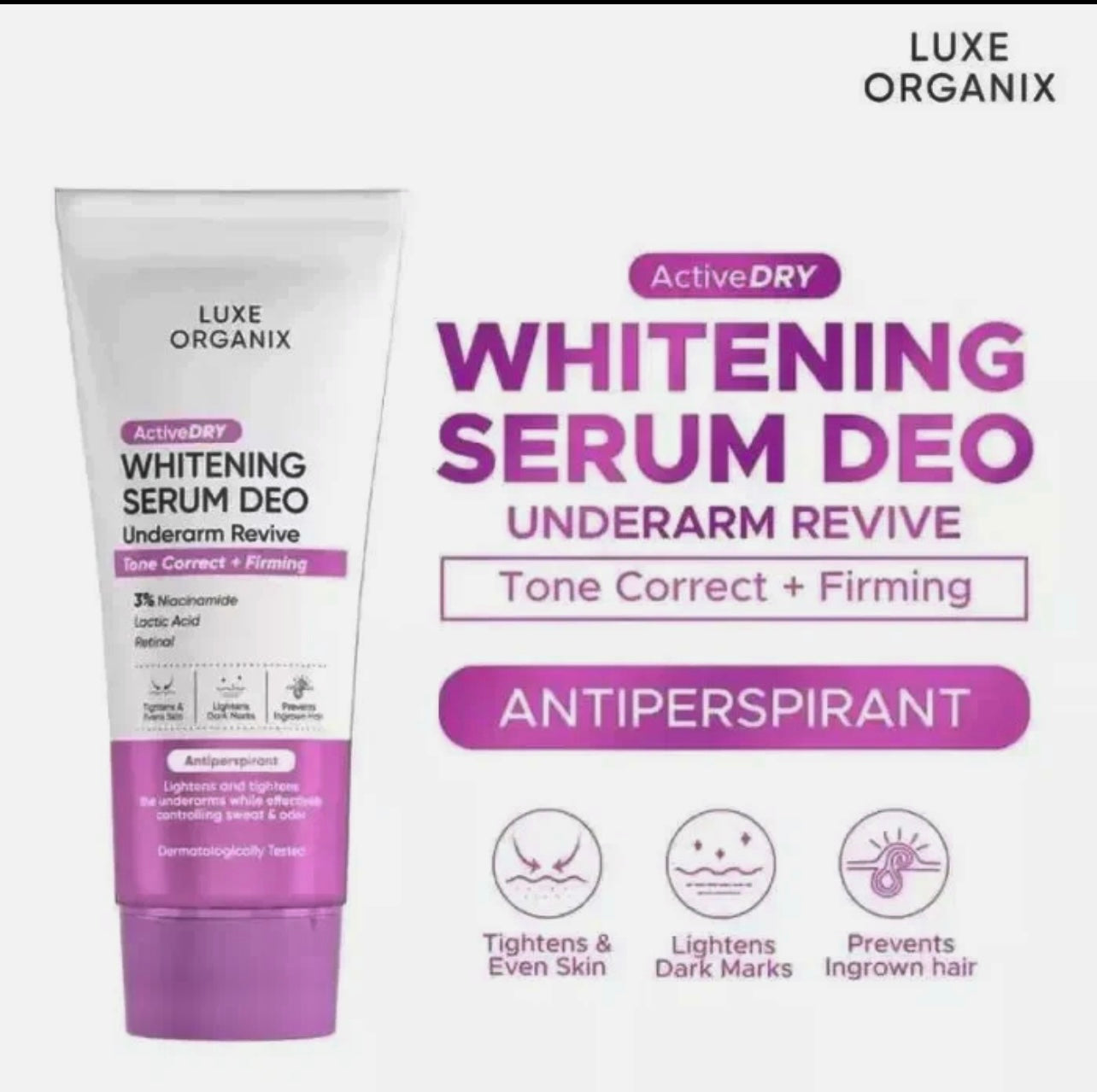 LUXE ORGANIX Active Dry Brightening Serum Deodorant Underarm Revive (PURPLE) - Tone Correct+ Smooth & Firm Formula (50G)