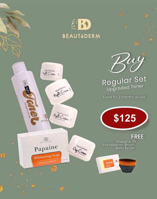 Regular Skincare SET with Upgraded Toner* with FREE Belle Mineral Powder, Papaine Soap 75gm and Foundation Brush