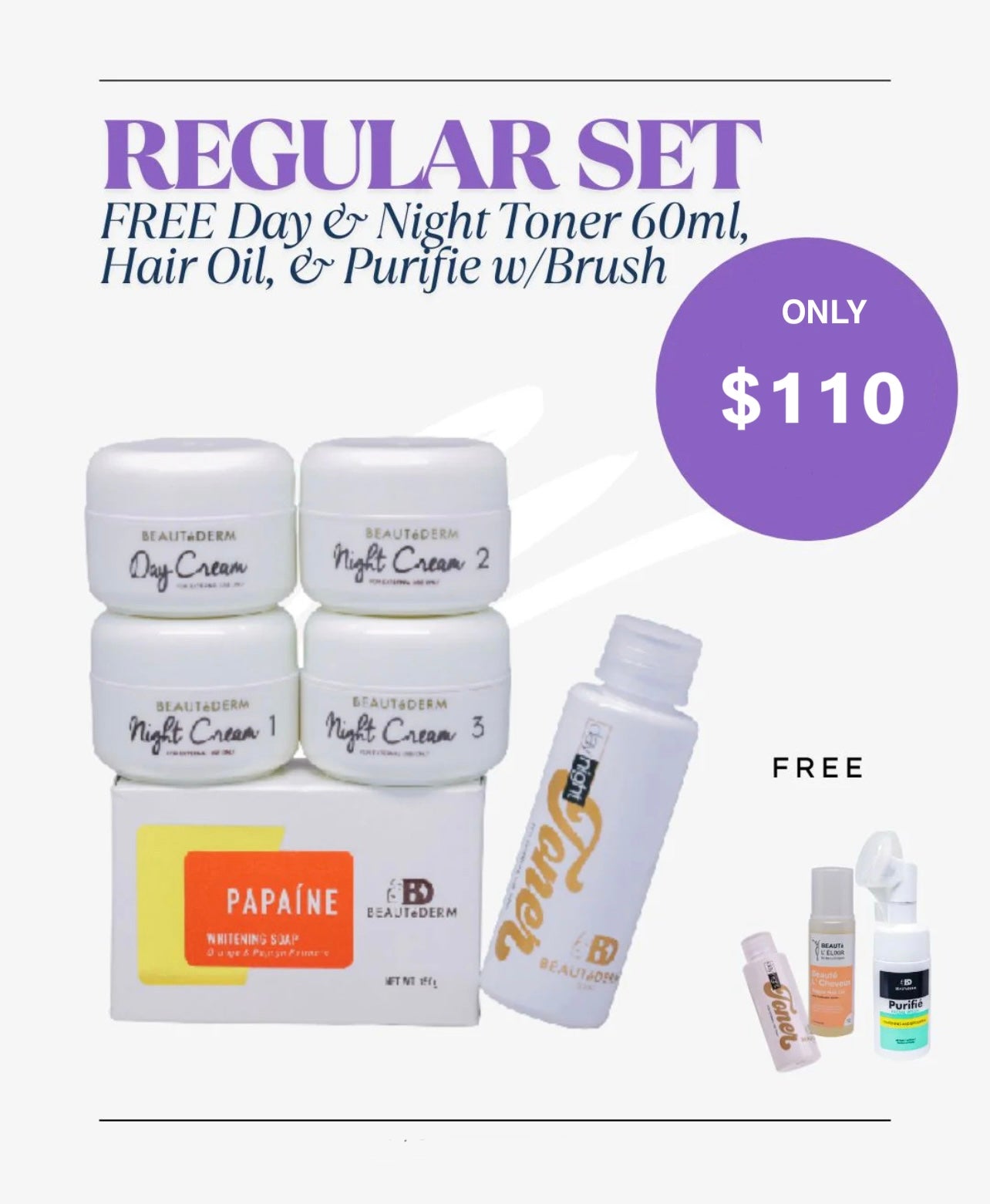 Regular Skincare Set* with 60ml Toner with FREE Day & Night Toner 60ml, Hair Oil and Purifie with Brush