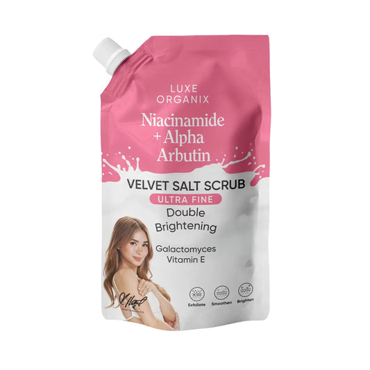 LUXE ORGANIX Niacinamide + Alpha Arbutin Velvet Salt Scrub Double Brightening 300gms  ( Pink Pouch)