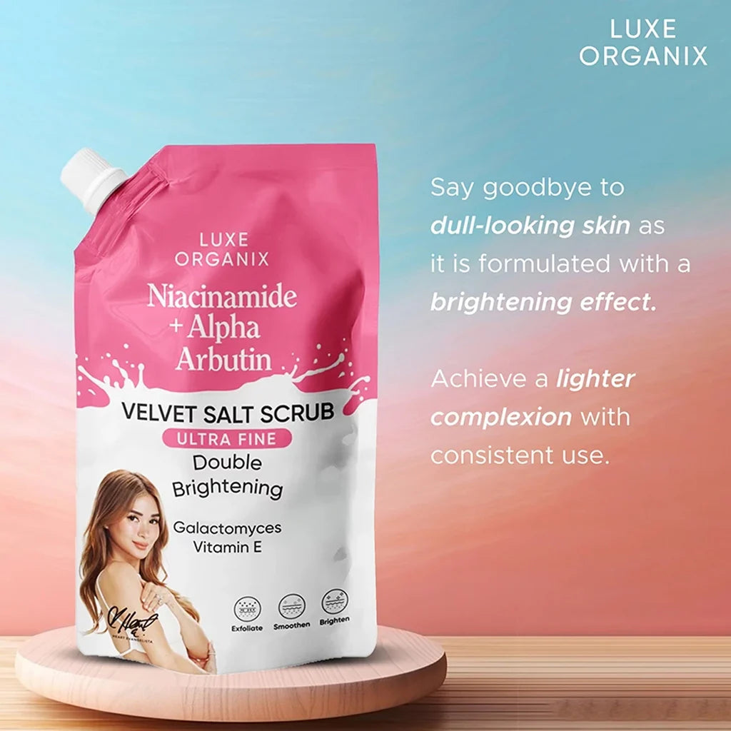 LUXE ORGANIX Niacinamide + Alpha Arbutin Velvet Salt Scrub Double Brightening 300gms  ( Pink Pouch)