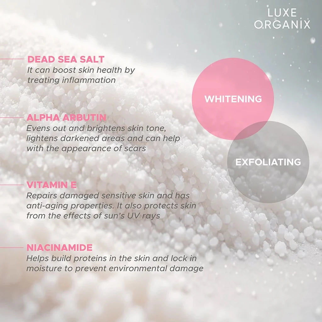 LUXE ORGANIX Niacinamide + Alpha Arbutin Velvet Salt Scrub Double Brightening 300gms  ( Pink Pouch)