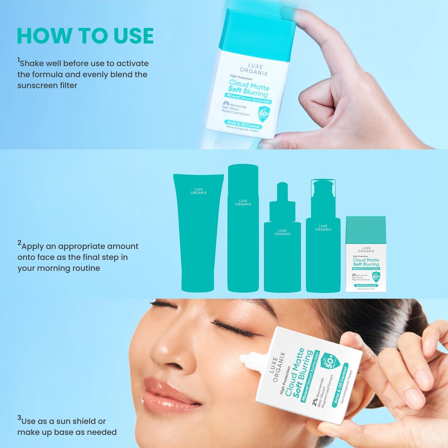 LUXE ORGANIX High Protection Cloud Matte Soft Blurring Mineral Serum Sunscreen SPF50+ PA++++ 40g