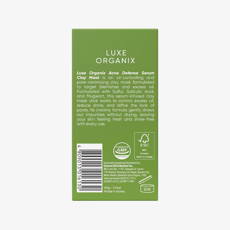 LUXE ORGANIX Acne Defense Mugwort Clay Stick - Oil Control and Pore Minimizing Face Mask 52g