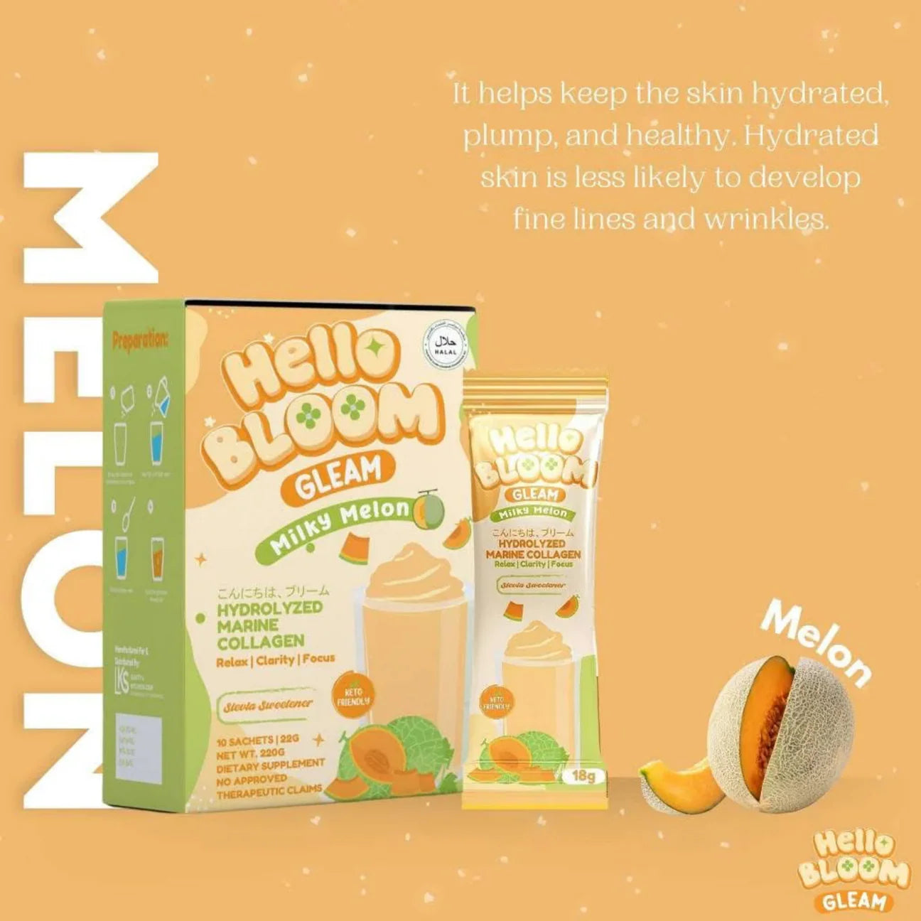 Hello Bloom Gleam Milky Melon Collagen Mix Drink by Kiray Celis (10 sachets)
