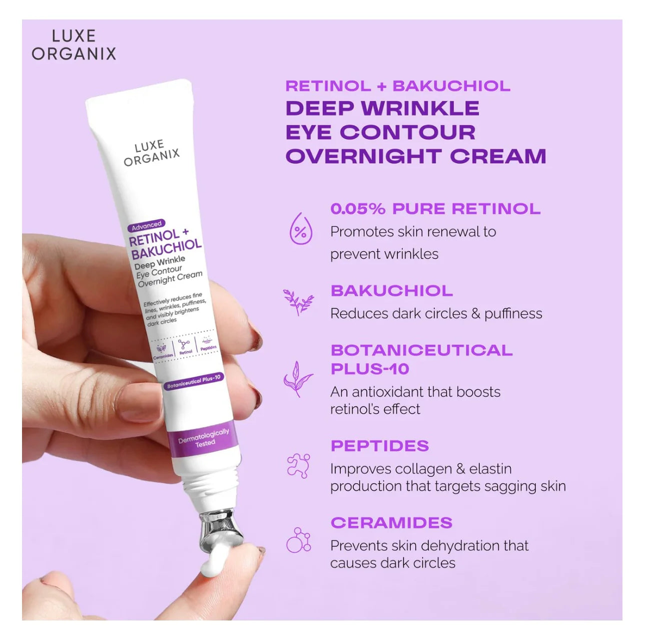 LUXE ORGANIX Advanced Retinol + Bakuchiol Deep Wrinkle Eye Contour Overnight Cream 12g