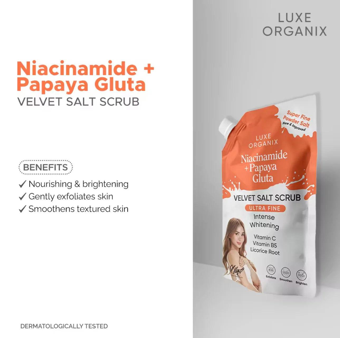 LUXE ORGANIX - Niacinamide + Papaya Gluta Velvet Salt Scrub 300G ( Orange Pouch )